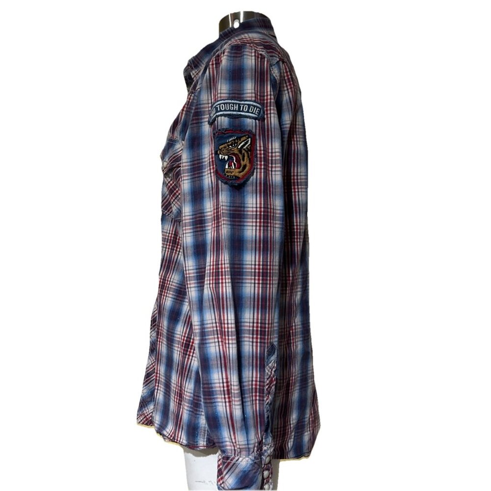 VTG Lucky Brand Western Shirt Womens M Cowgirl Pearl Snap Plaid Tiger Patch - Picture 10 of 16